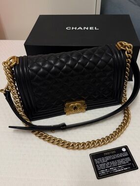 CHANEL Black Quilted Boy Shoulder Bag with Gold Hardware